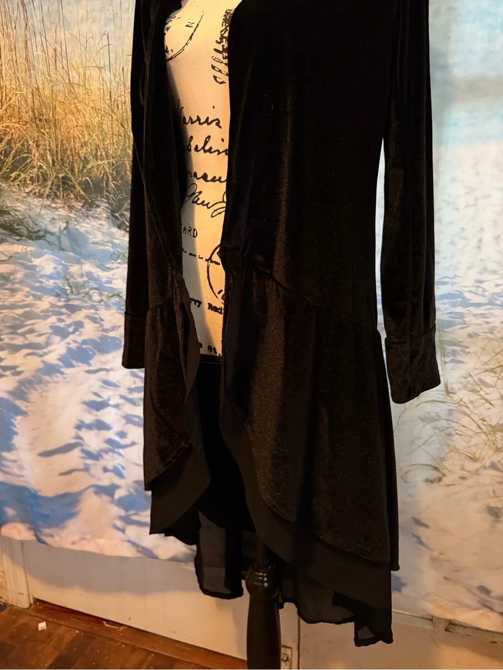 Women's Black Velvet Open-Front Drape Jacket